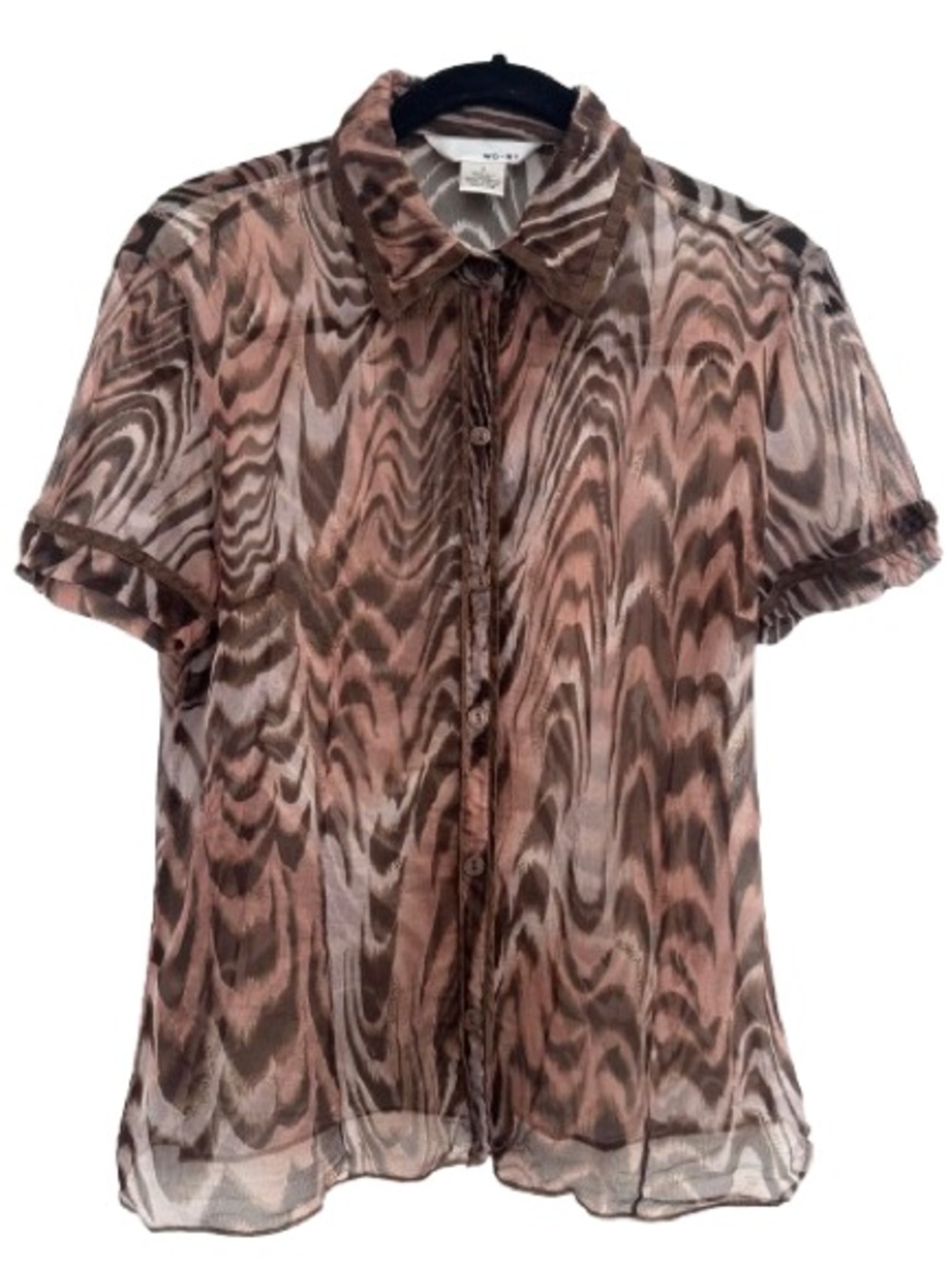 WD.NY 100% Silk Animal Print Sheer Short Sleeve Button Down Blouse
